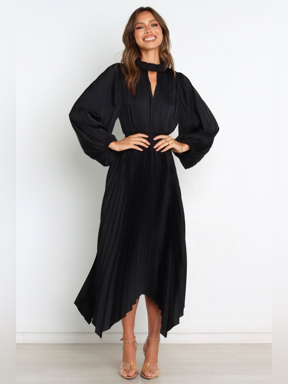 NEW Petal & Pup Eloise Black Pleated Satin Maxi Dress Wedding Guest Formal - Picture 6 of 11